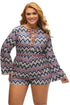 Plus Multicolor Zigzag Print Deep V Lace-up Long Sleeve Playsuit